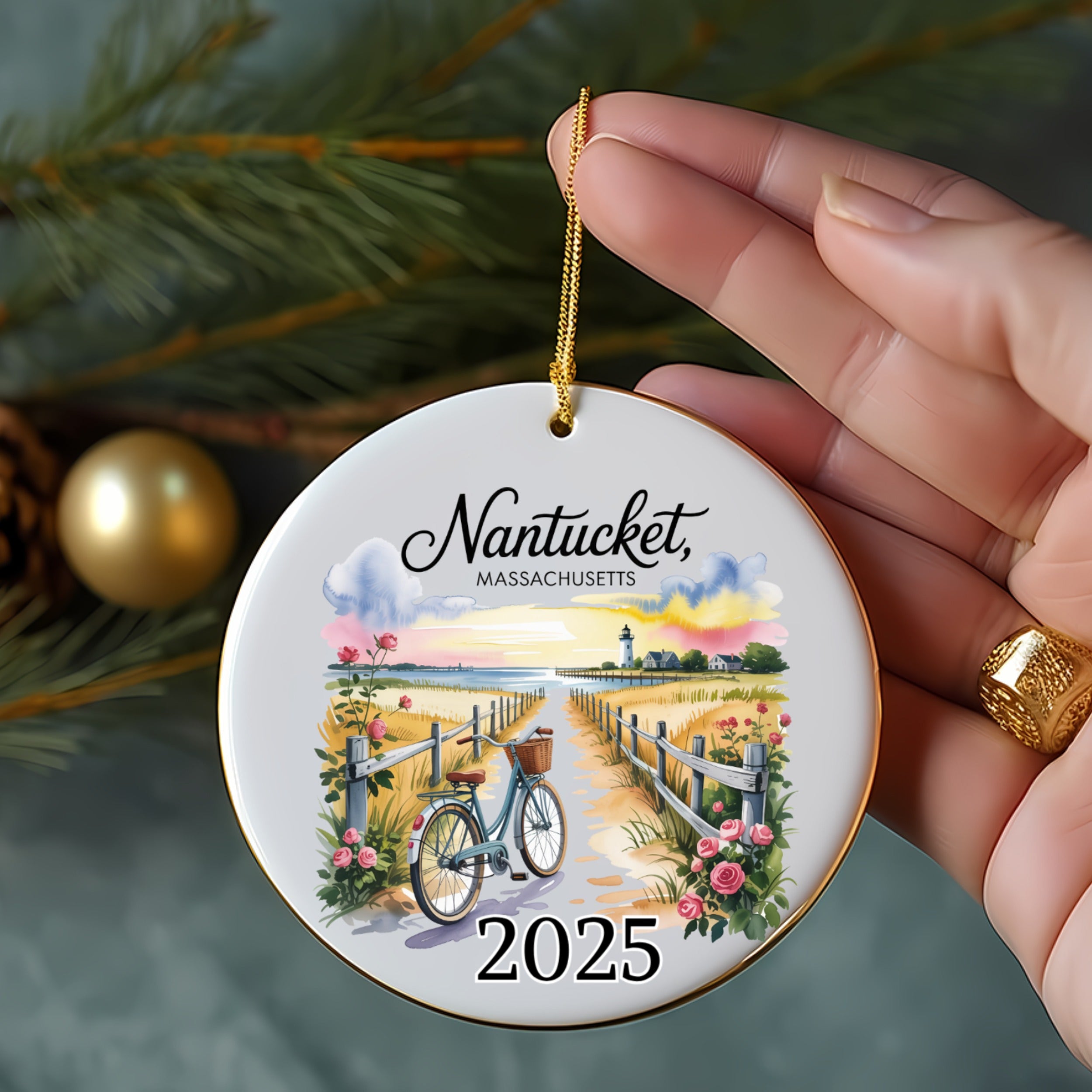 Nantucket, Massachusetts ornament with bicycle, lighthouse, and "2025" text.