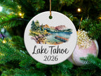 Lake Tahoe ornament with a scenic watercolor landscape and year 2026.