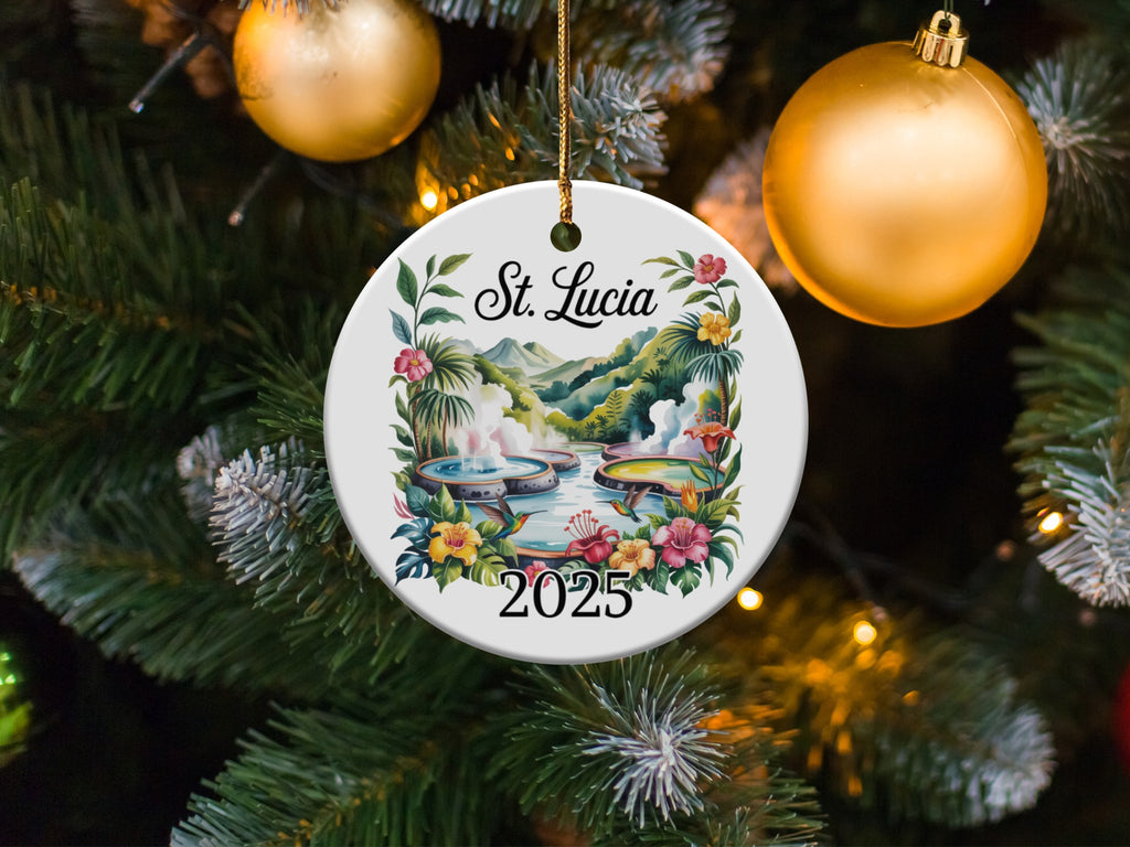 St. Lucia 2025 ceramic ornament featuring geothermal hot springs with lush greenery.