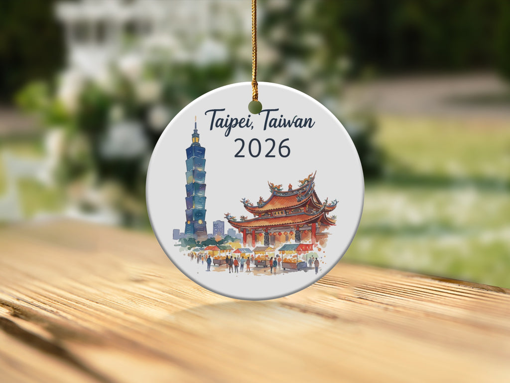 Ornament featuring Taipei 101, a temple, and market stalls.