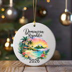 Dominican Republic 2026 Christmas ornament with beach scene and palm trees.