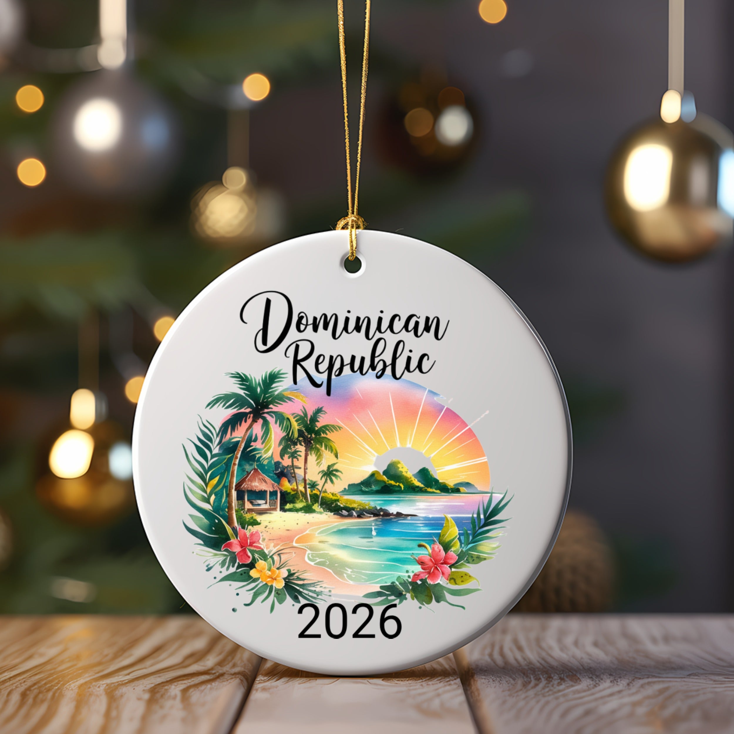 Dominican Republic 2026 Christmas ornament with beach scene and palm trees.