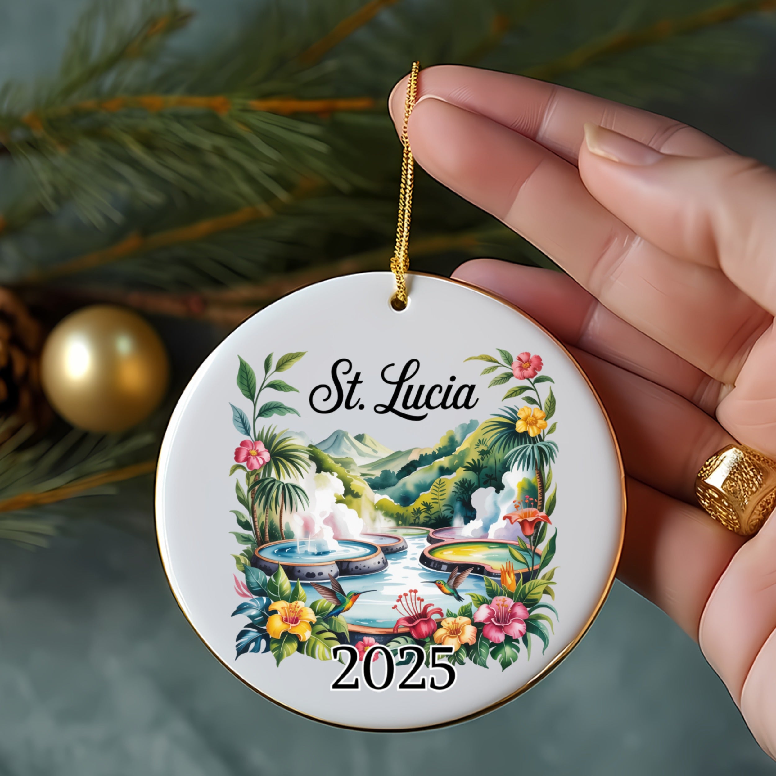 St. Lucia tropical scene ornament with fountains and the year 2025.