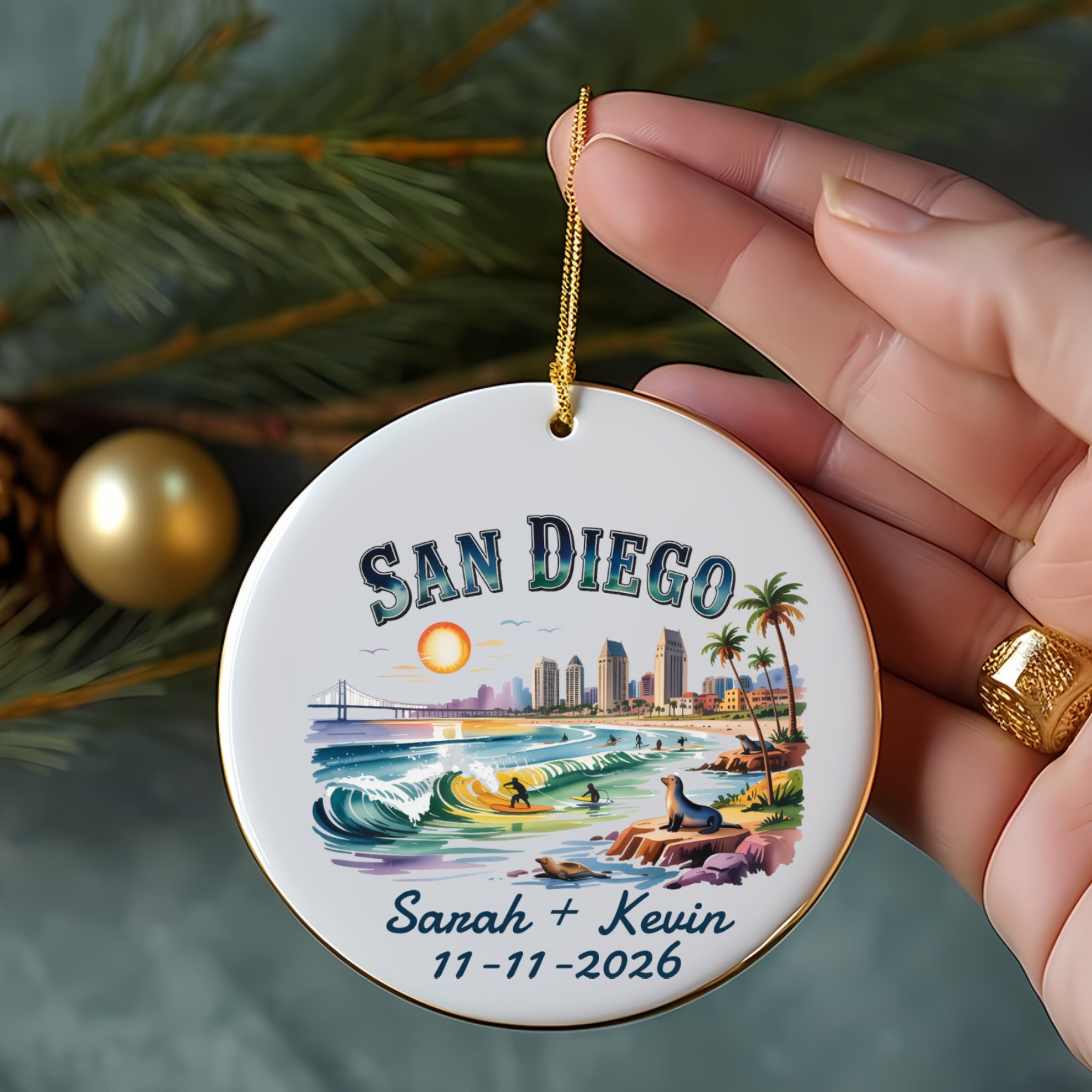 San Diego ornament with skyline, surfers, and personalized text.