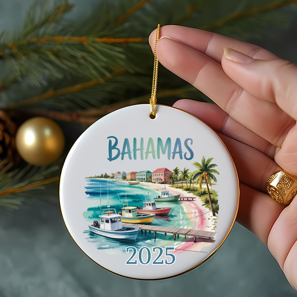 Bahamas ornament with boats and beach scene, year 2025.