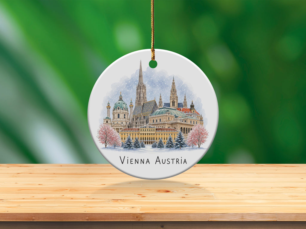 Round ornament with watercolor painting of Vienna, Austria skyline with snow.
