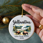 Yellowstone ornament with bison and geyser, "Wilson Family Vacation 2026".