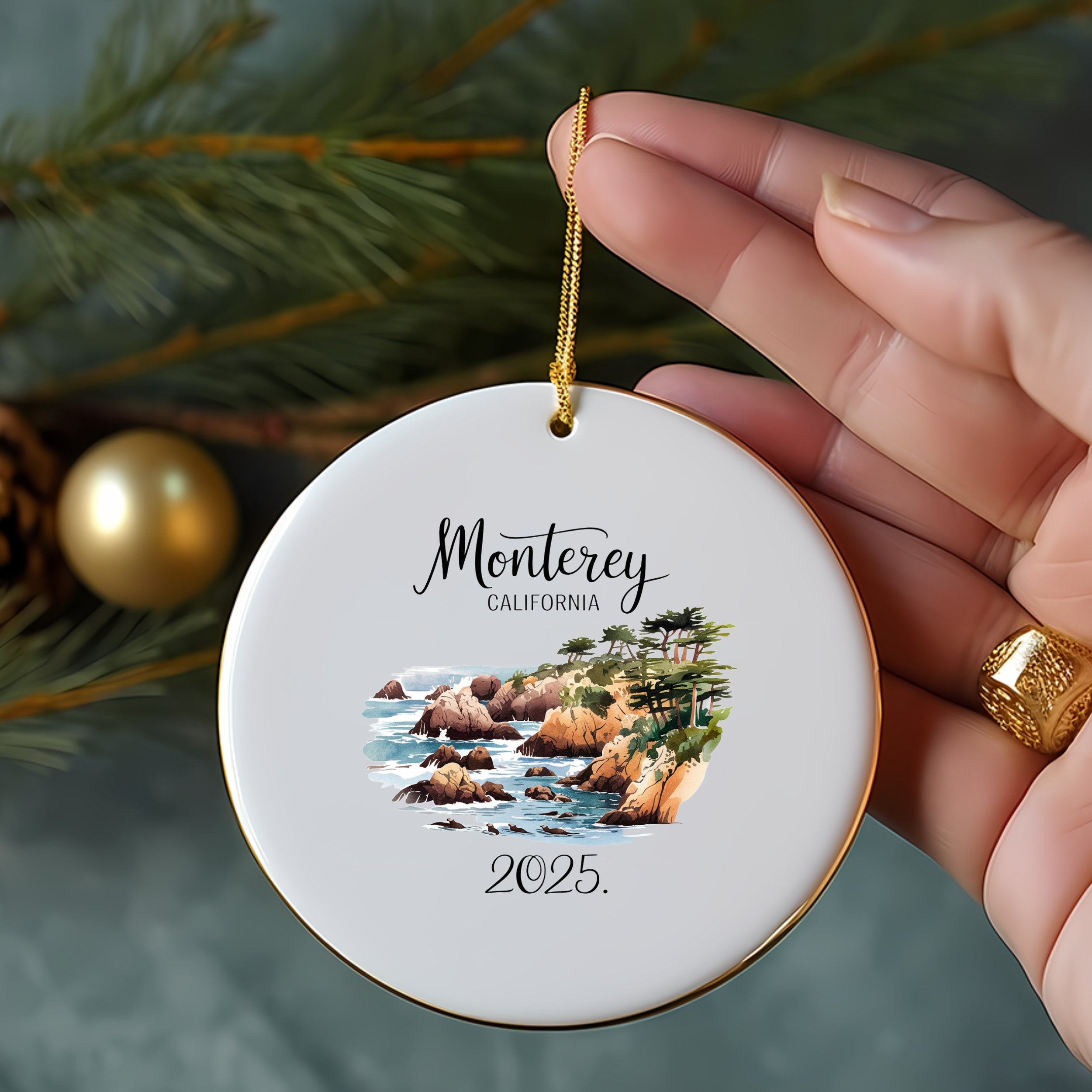 Monterey California ornament with rocky coastline, trees, and year 2025.