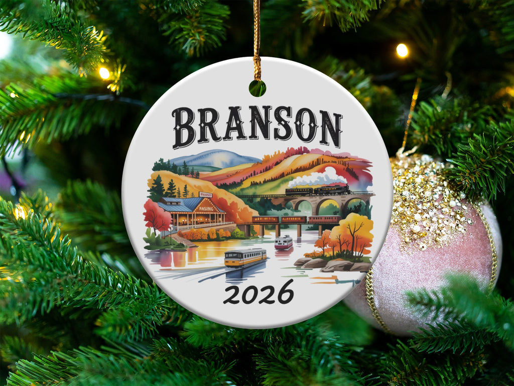 Branson, Missouri ceramic ornament with train and trolley scene, dated 2026.