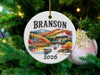 Branson, Missouri ceramic ornament with train and trolley scene, dated 2026.