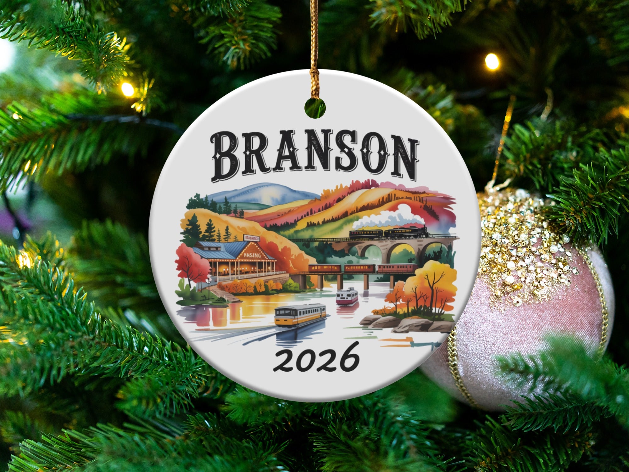 Branson, Missouri ceramic ornament with train and trolley scene, dated 2026.