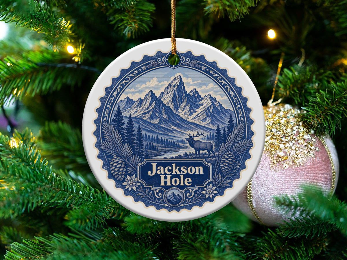 Round Jackson Hole ornament with mountain landscape and elk on a Christmas tree.