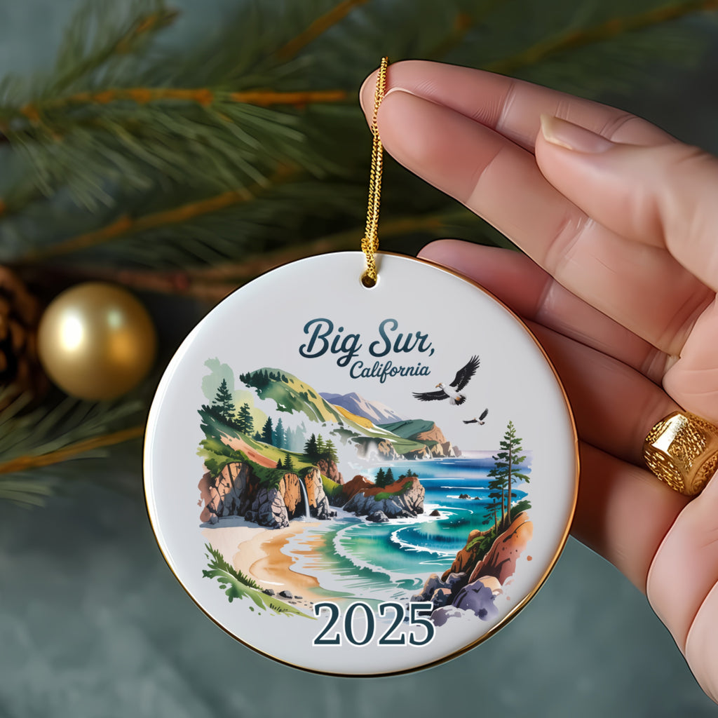 Big Sur, California 2025 ceramic ornament with coastal landscape and text.
