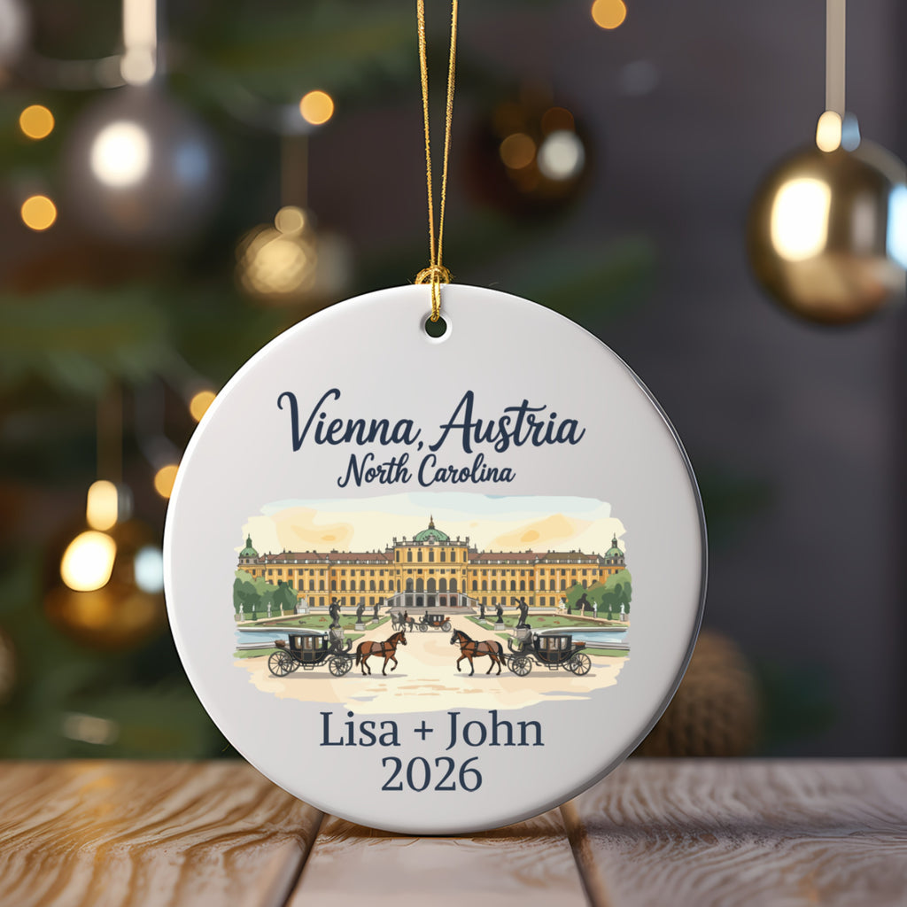 Round ornament featuring Vienna, Austria landmarks and personalized text.