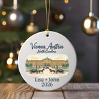 Round ornament featuring Vienna, Austria landmarks and personalized text.