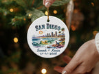 San Diego ornament with beach scene, palm trees, and custom names and date.