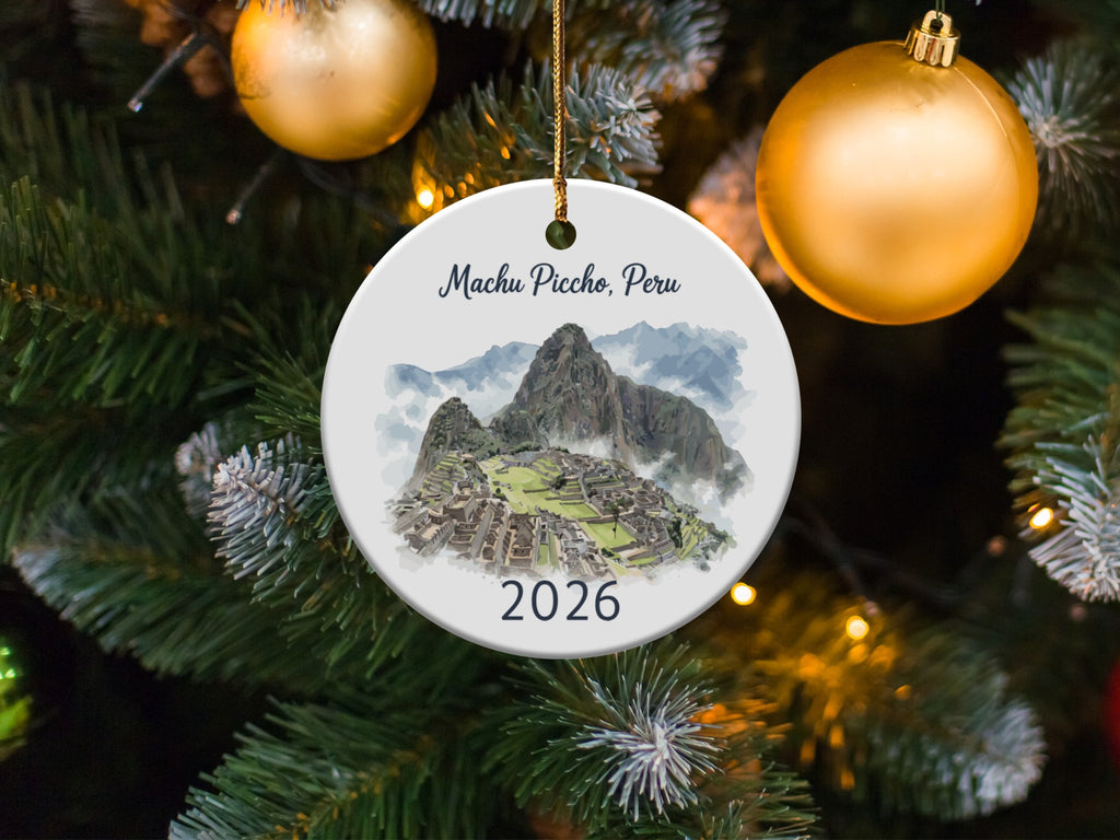 Machu Picchu, Peru 2026 ornament on a Christmas tree.