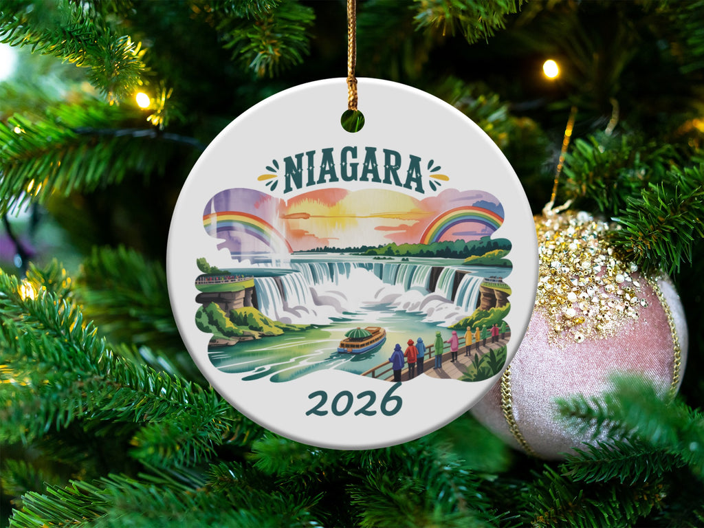 Niagara Falls ornament on a Christmas tree with text "Niagara 2026".