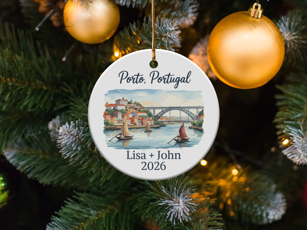 Porto, Portugal ornament with boats and bridge, personalized with names.