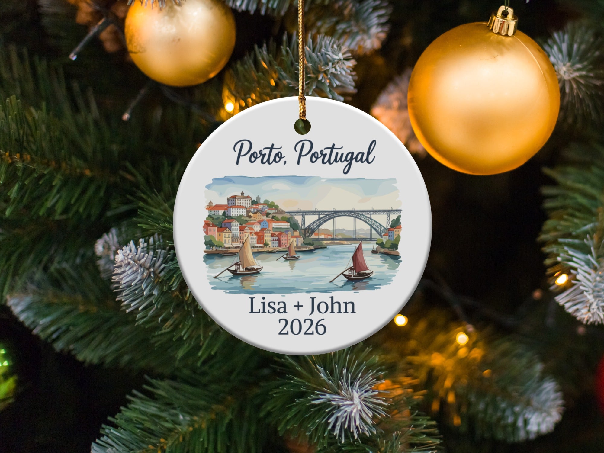 Porto, Portugal ornament with boats and bridge, personalized with names.