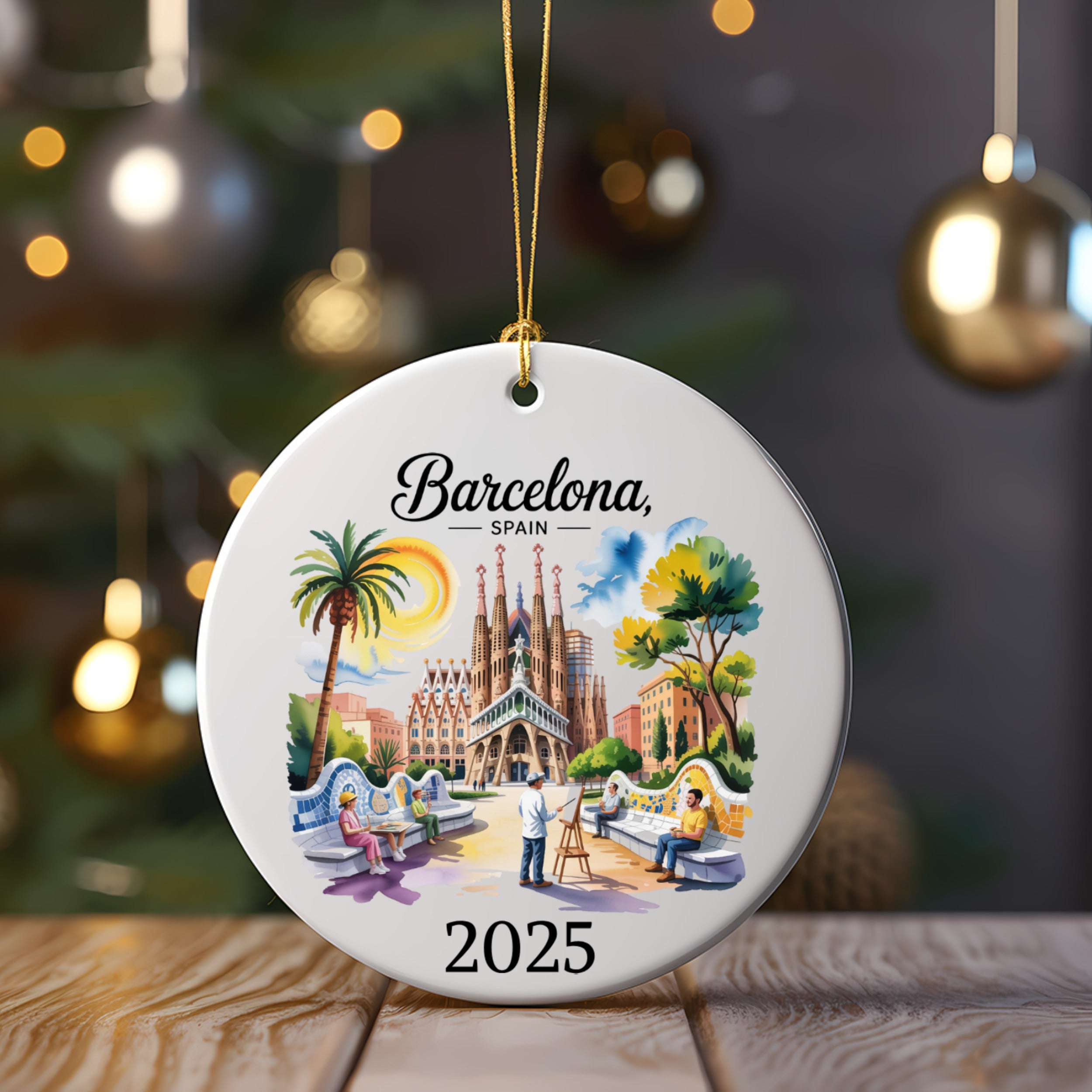 Barcelona, Spain 2025 ornament featuring Sagrada Familia and artists painting.