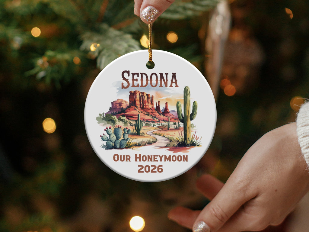 Sedona honeymoon ornament with desert landscape and year 2026.