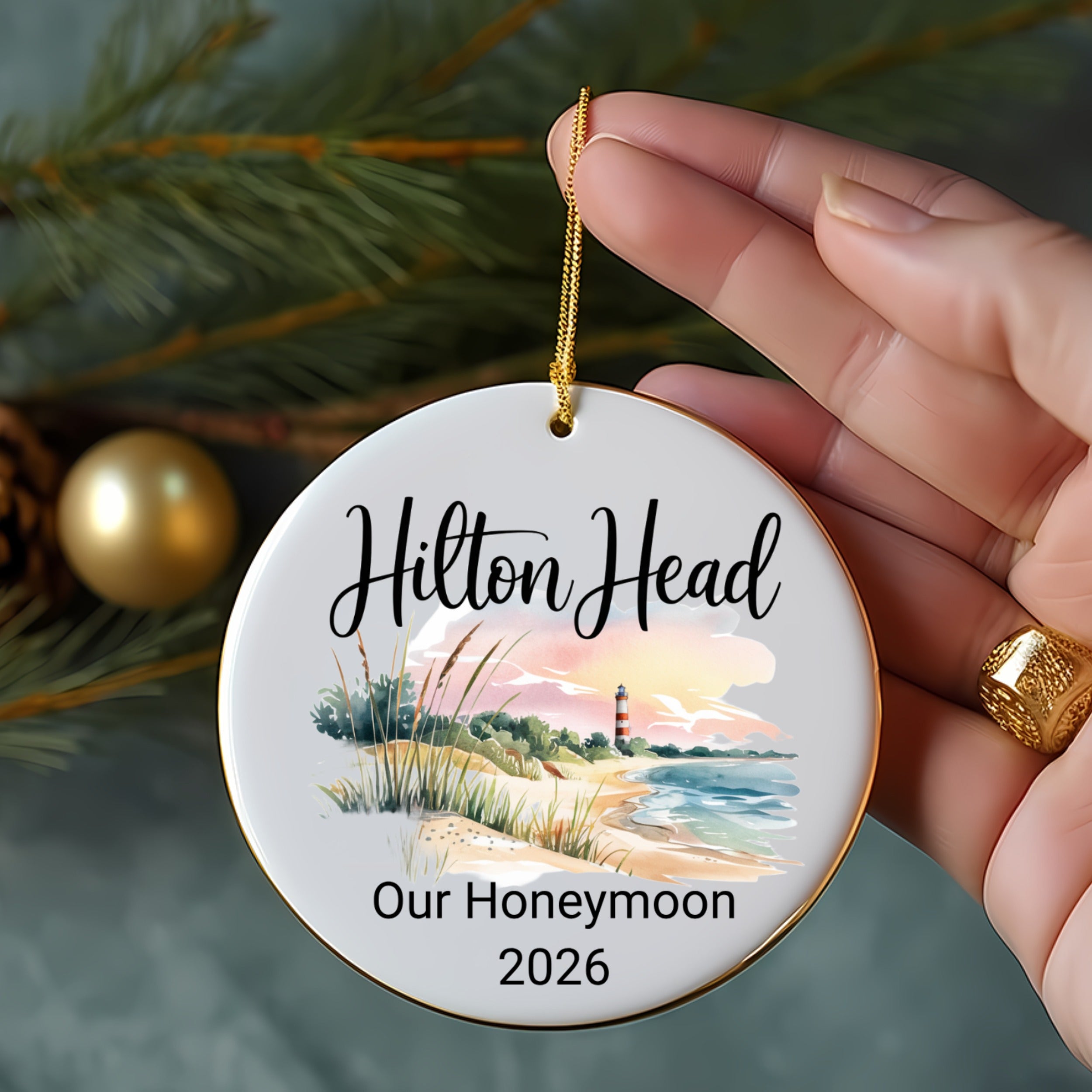 Hilton Head Our Honeymoon 2026 round ceramic ornament with lighthouse.