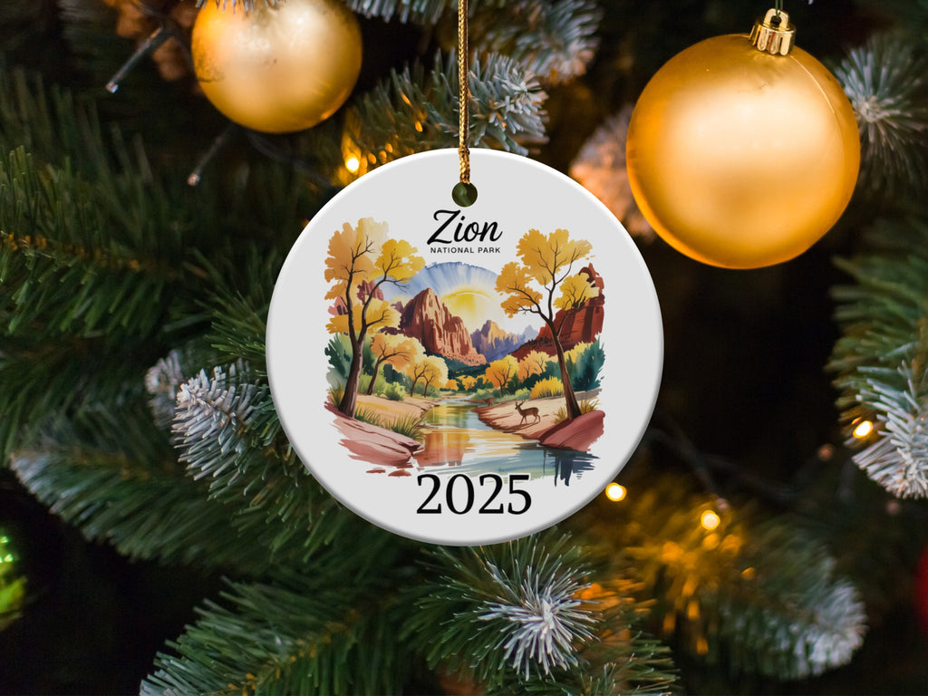 Zion National Park Ornament, Personalized Travel Keepsake, Custom Year Family Vacation, Autumn Landscape Deer, Honeymoon Reunion Christmas