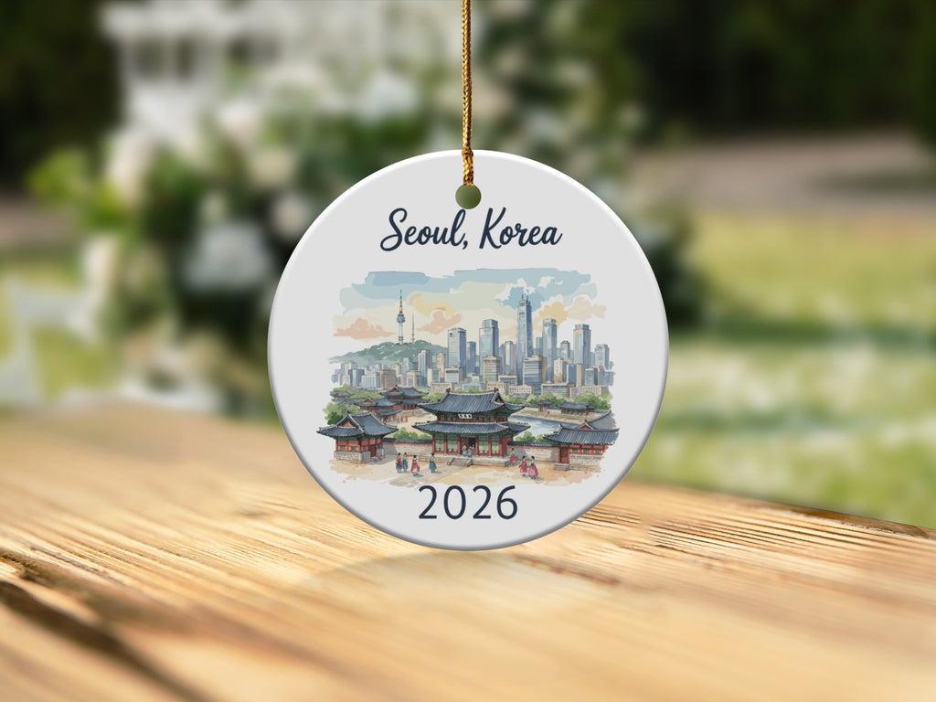Circular ornament with Seoul, Korea skyline and 2026 date.