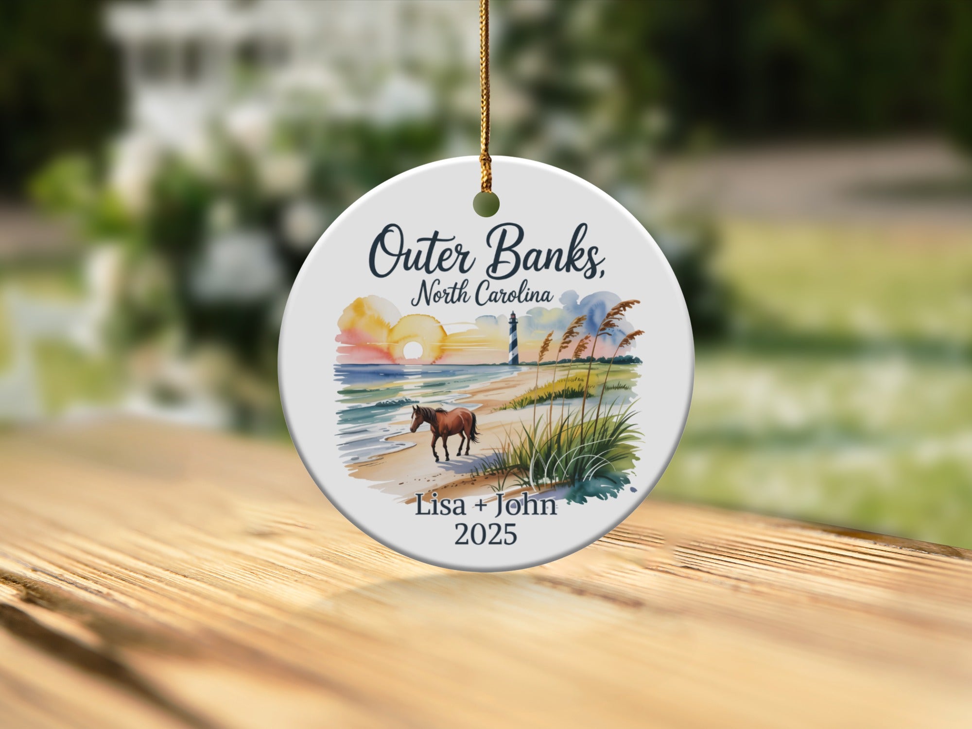 Outer Banks North Carolina lighthouse and horse on beach, personalized with names and year.