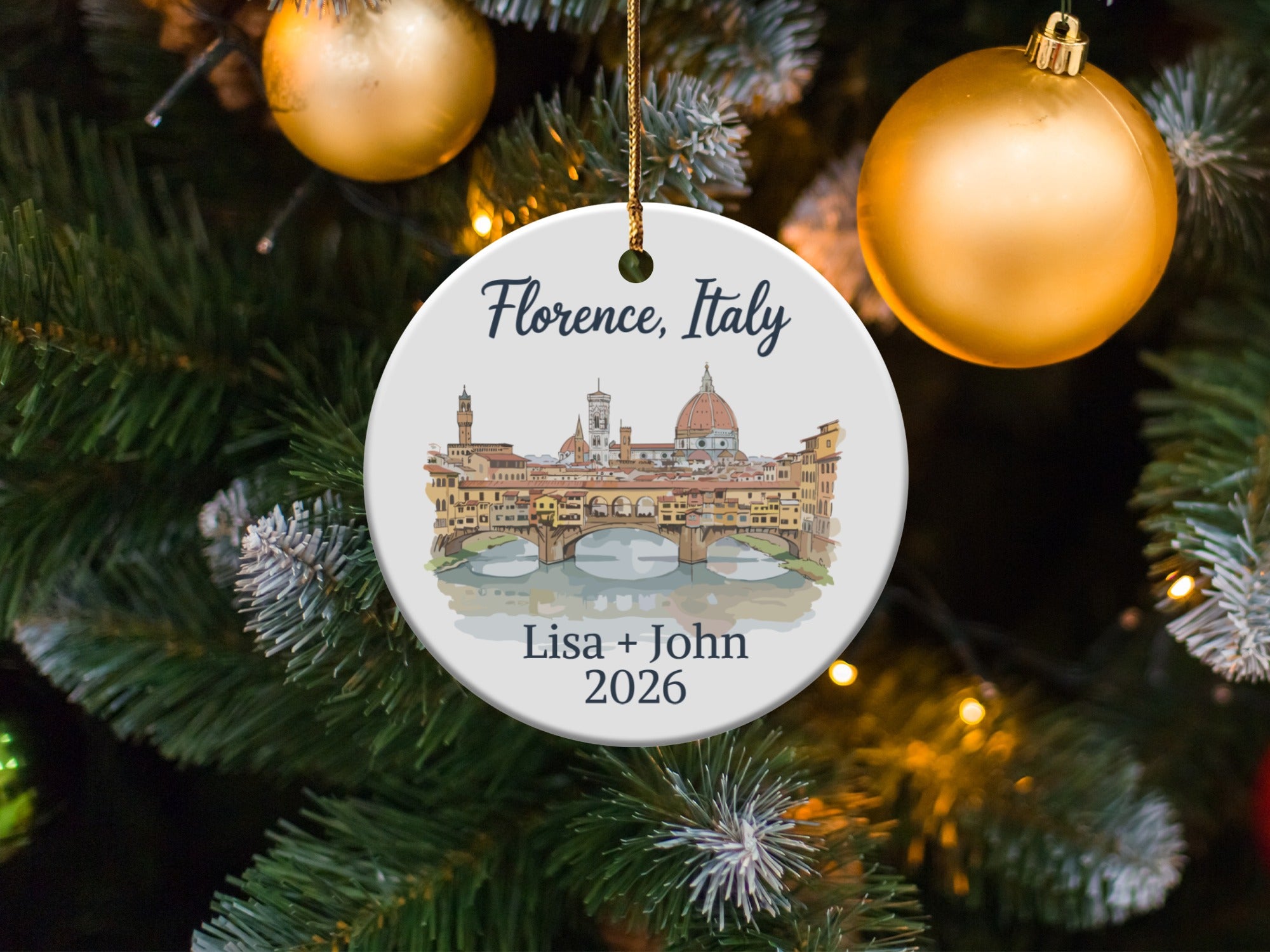 Florence, Italy ornament with Ponte Vecchio and custom names, Lisa + John.