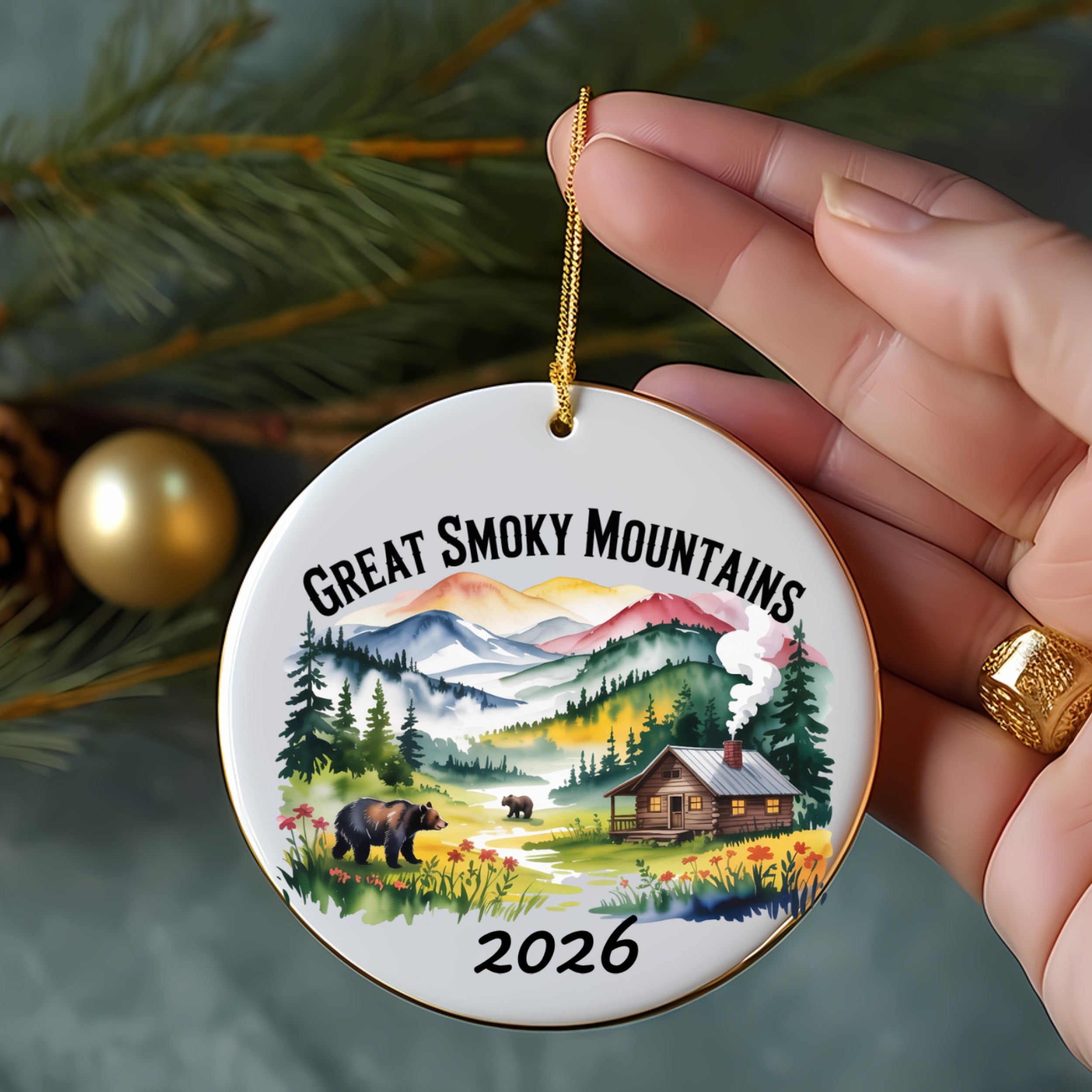 Great Smoky Mountains ornament with cabin, bears, and mountains, dated 2026.