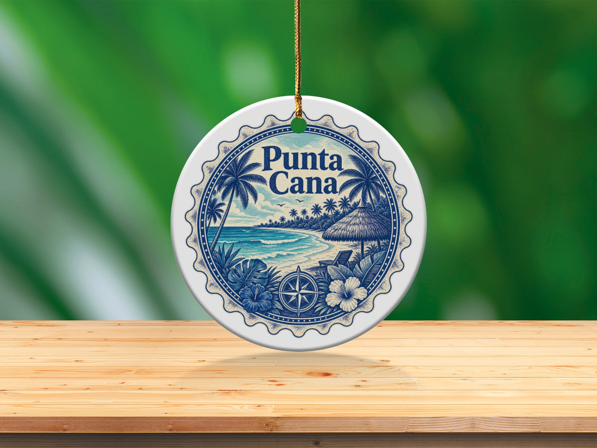 Round Punta Cana ornament with tropical beach scene and palm trees.