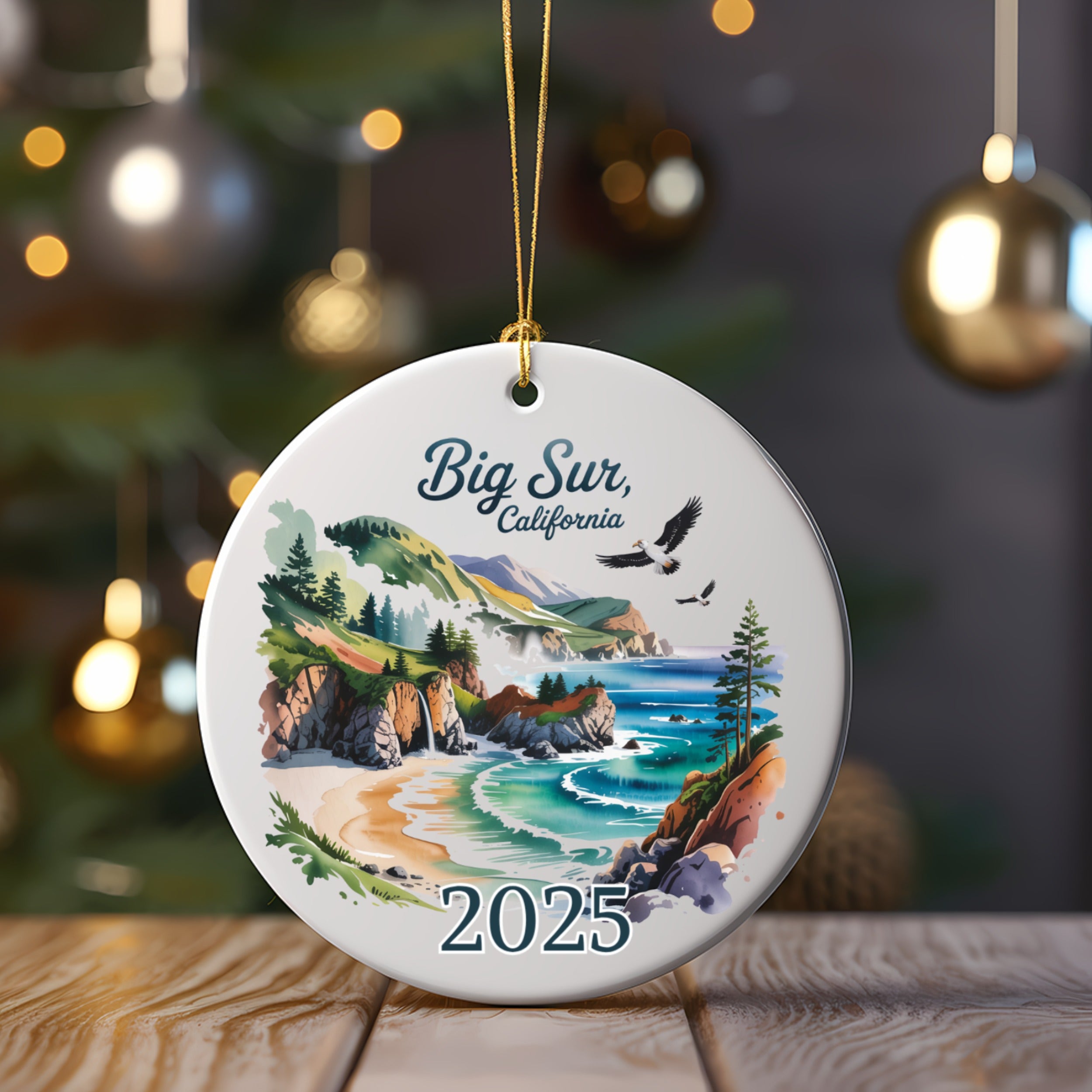 Round ornament with Big Sur, California coastal scene and year 2025.