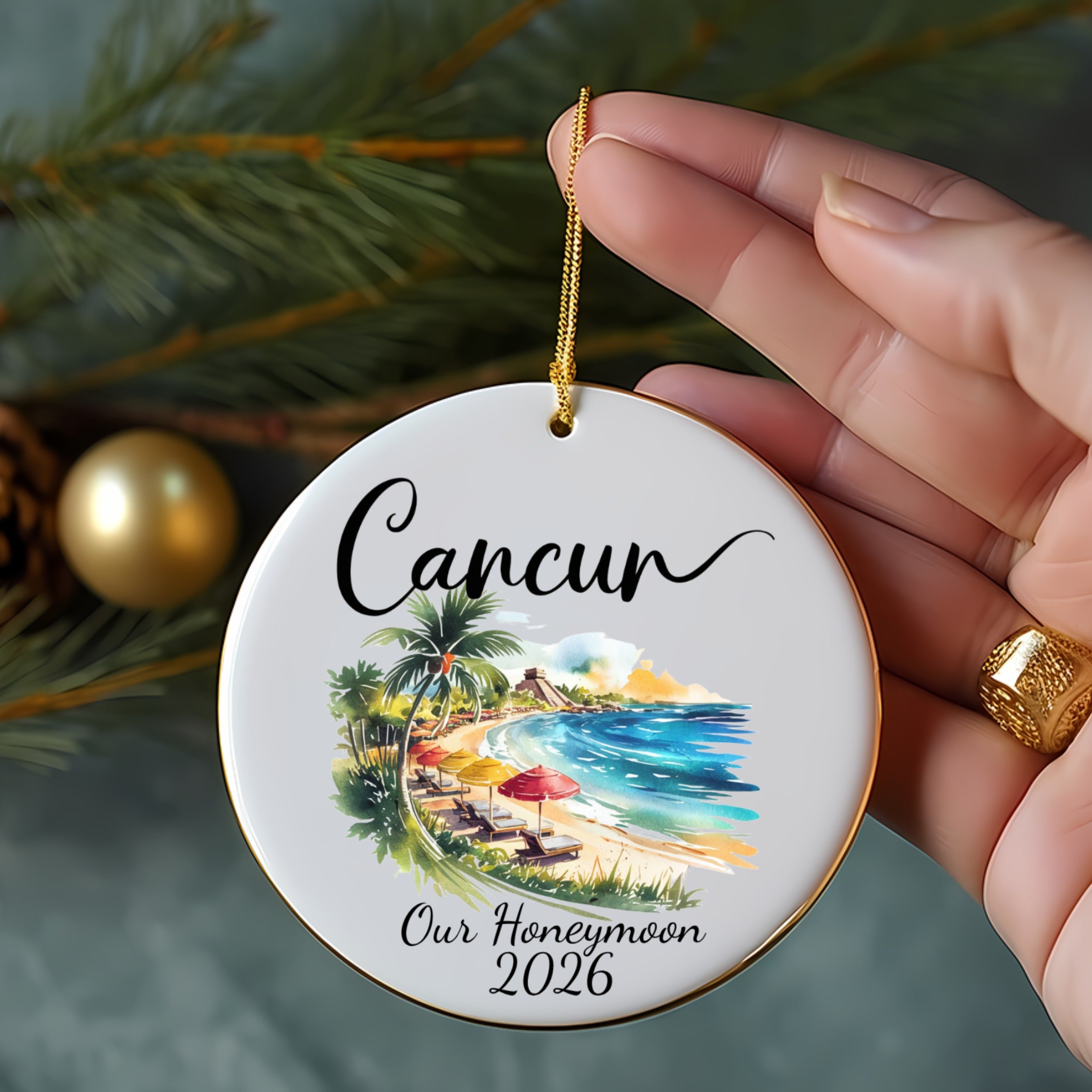 Cancun Our Honeymoon 2026 ornament with palm trees and beach scene.