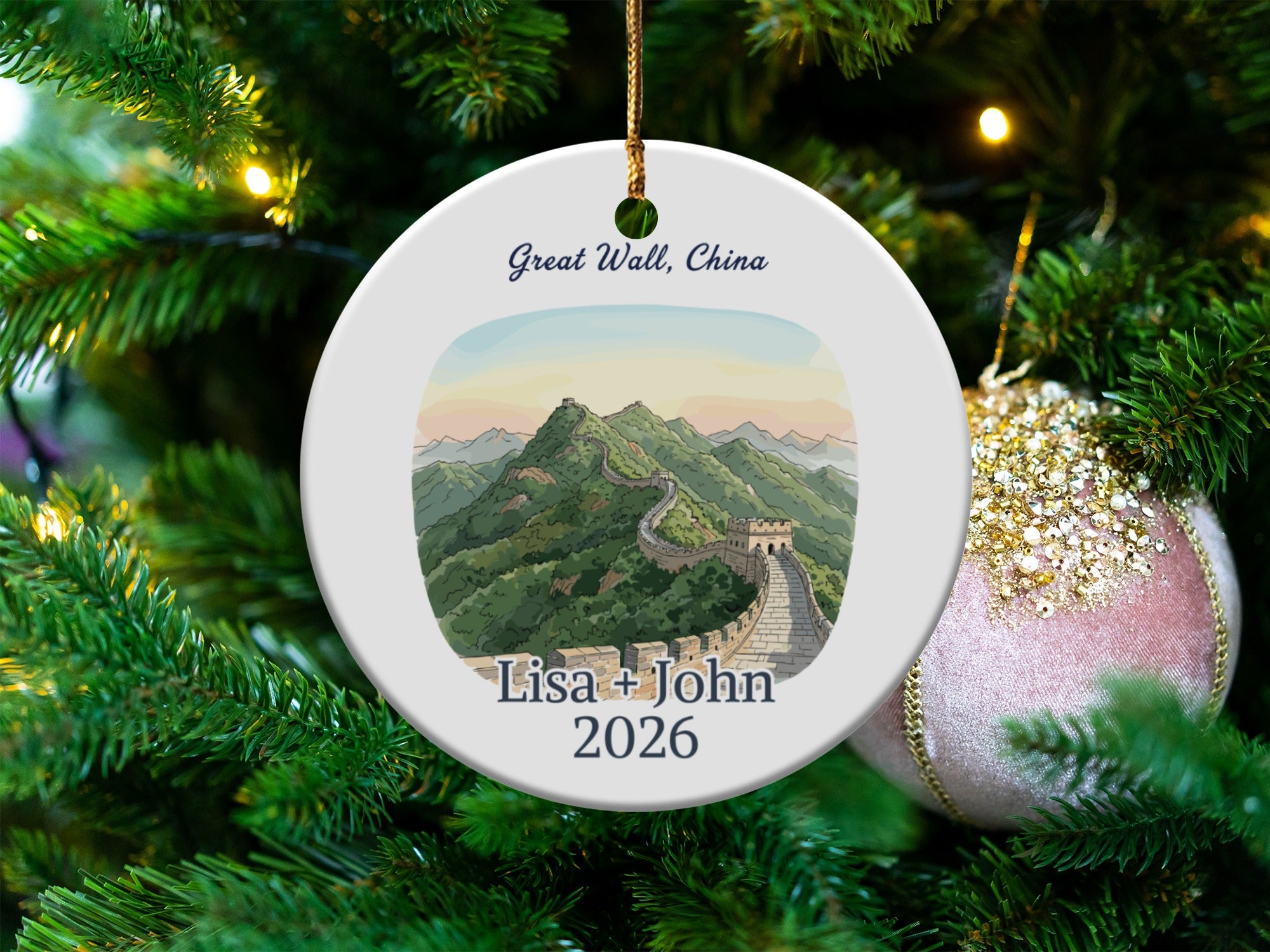Personalized Great Wall of China Ornament, Custom Honeymoon Souvenir, Travel Trip Memento, Couple Wedding Gift, Custom Name Date Year