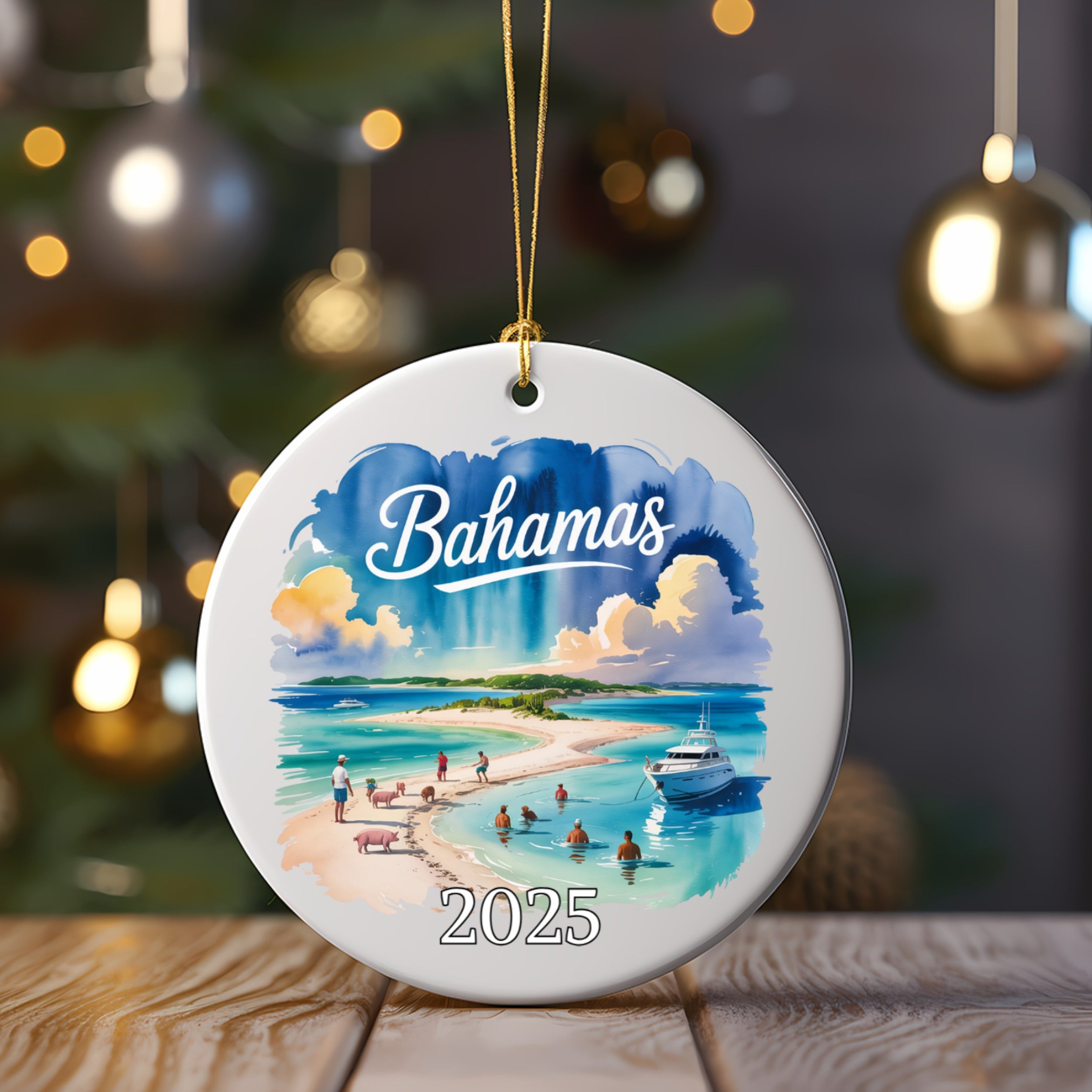 Bahamas 2025 circular ornament featuring beach scene with swimming pigs and yacht.