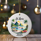 Round St. Lucia 2025 ornament with tropical beach scene and palm trees.