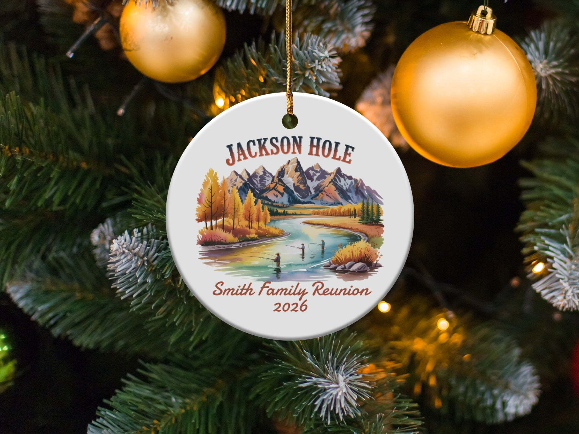 Jackson Hole Smith Family Reunion 2026 ornament with mountain and fishing scene.