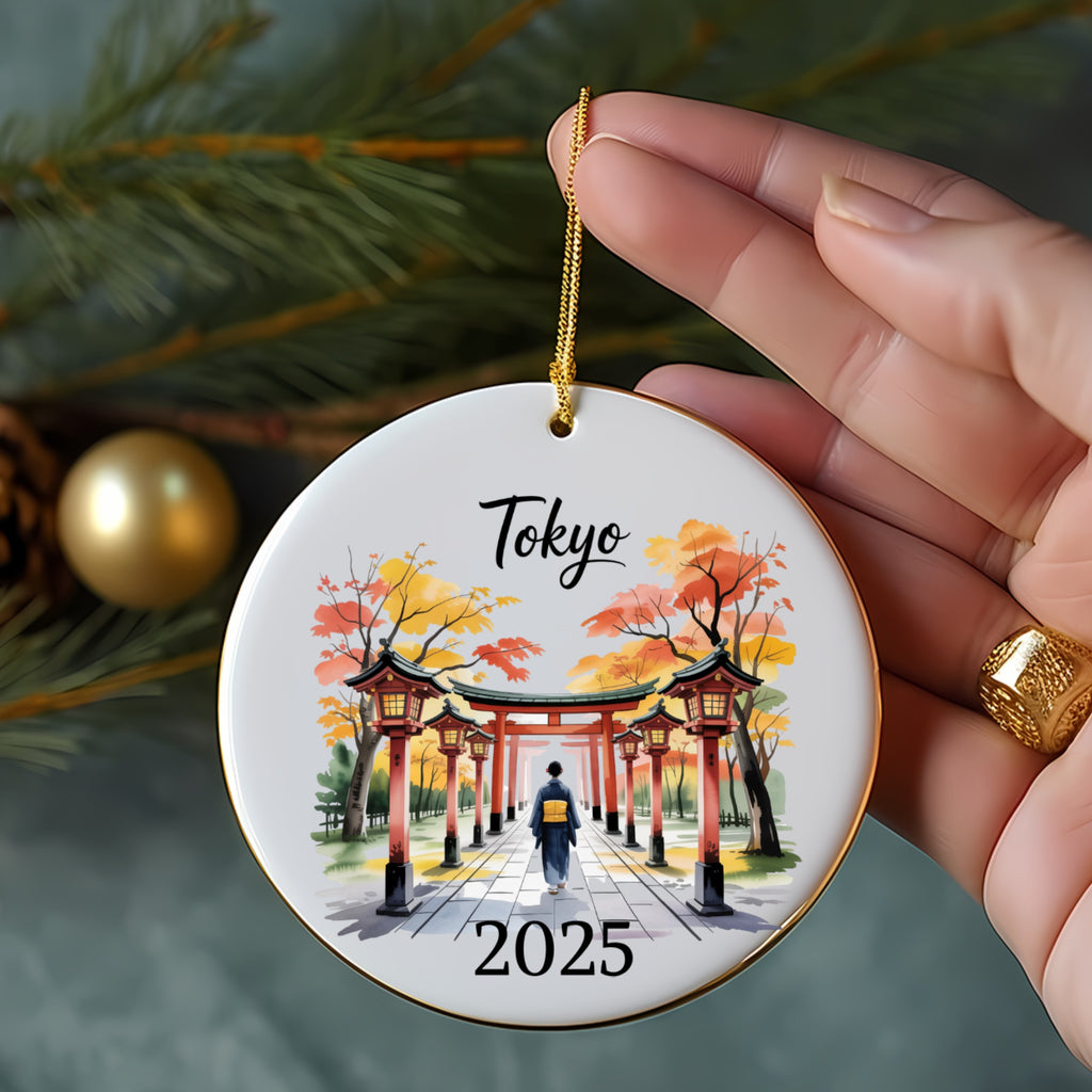 Tokyo Japan Autumn Ornament, Personalized Travel Keepsake, Torii Gate Kimono Art, Custom Year Date Phrase, Family Vacation Gift
