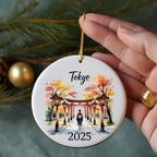 Tokyo Japan Autumn Ornament, Personalized Travel Keepsake, Torii Gate Kimono Art, Custom Year Date Phrase, Family Vacation Gift