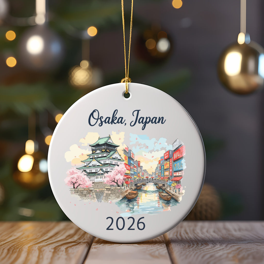 Osaka, Japan ornament with castle, canal, and cherry blossoms.