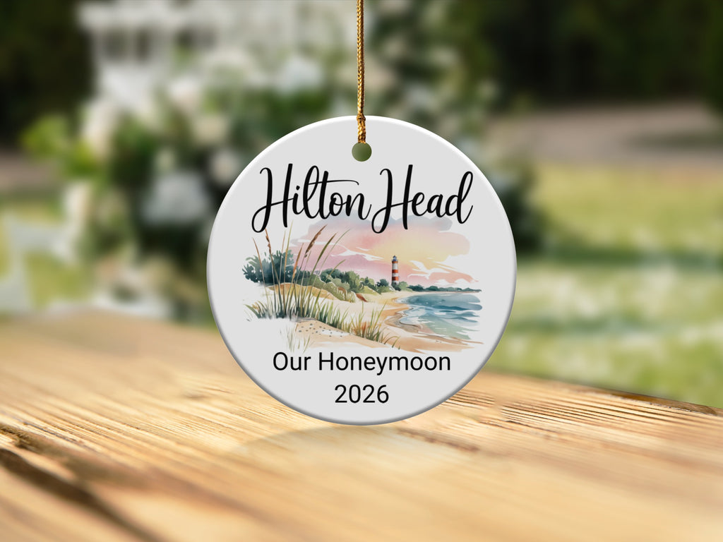 Hilton Head Our Honeymoon 2026 beach scene ornament.