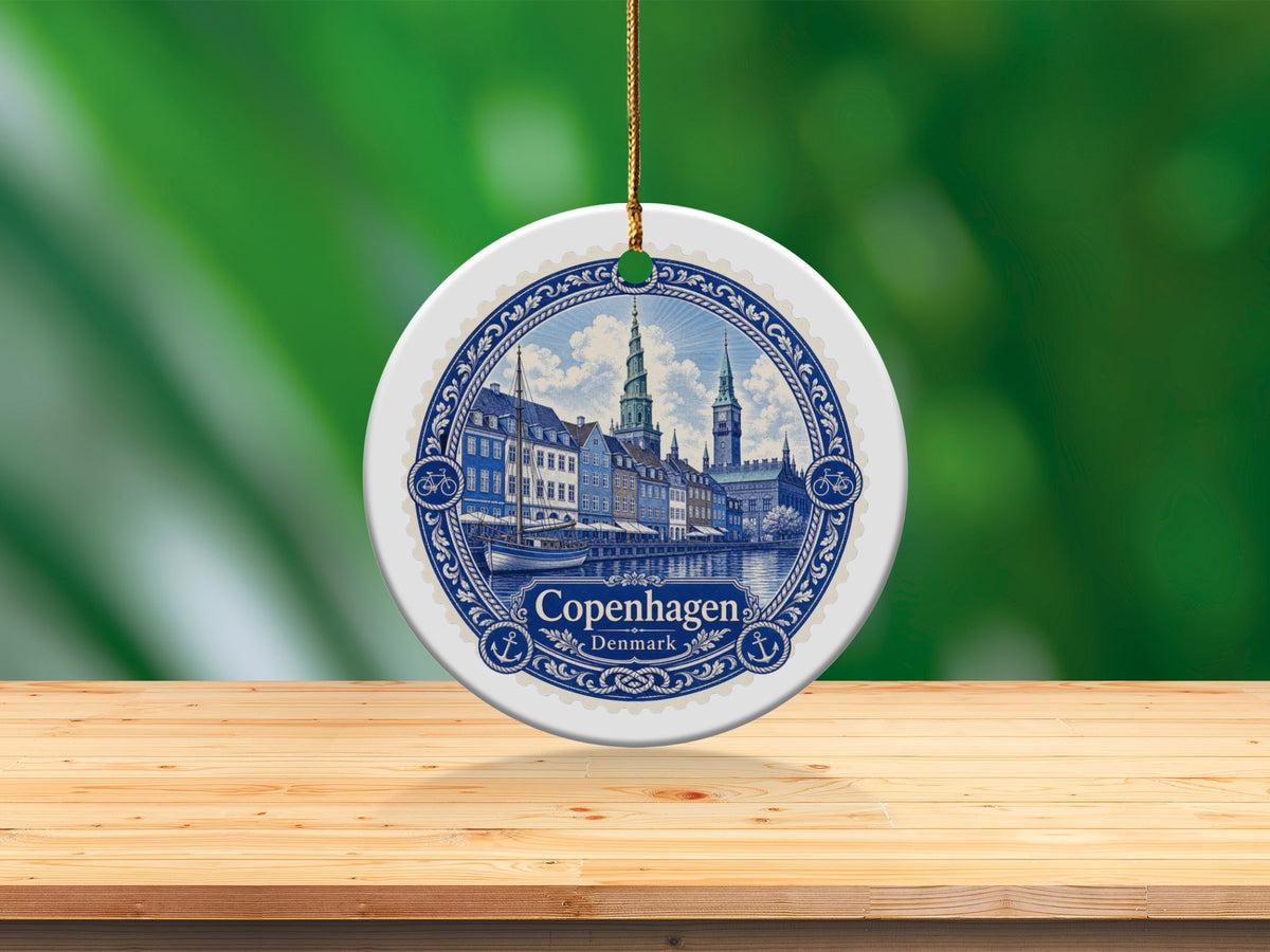 Round Copenhagen, Denmark souvenir ornament with canal and buildings design.