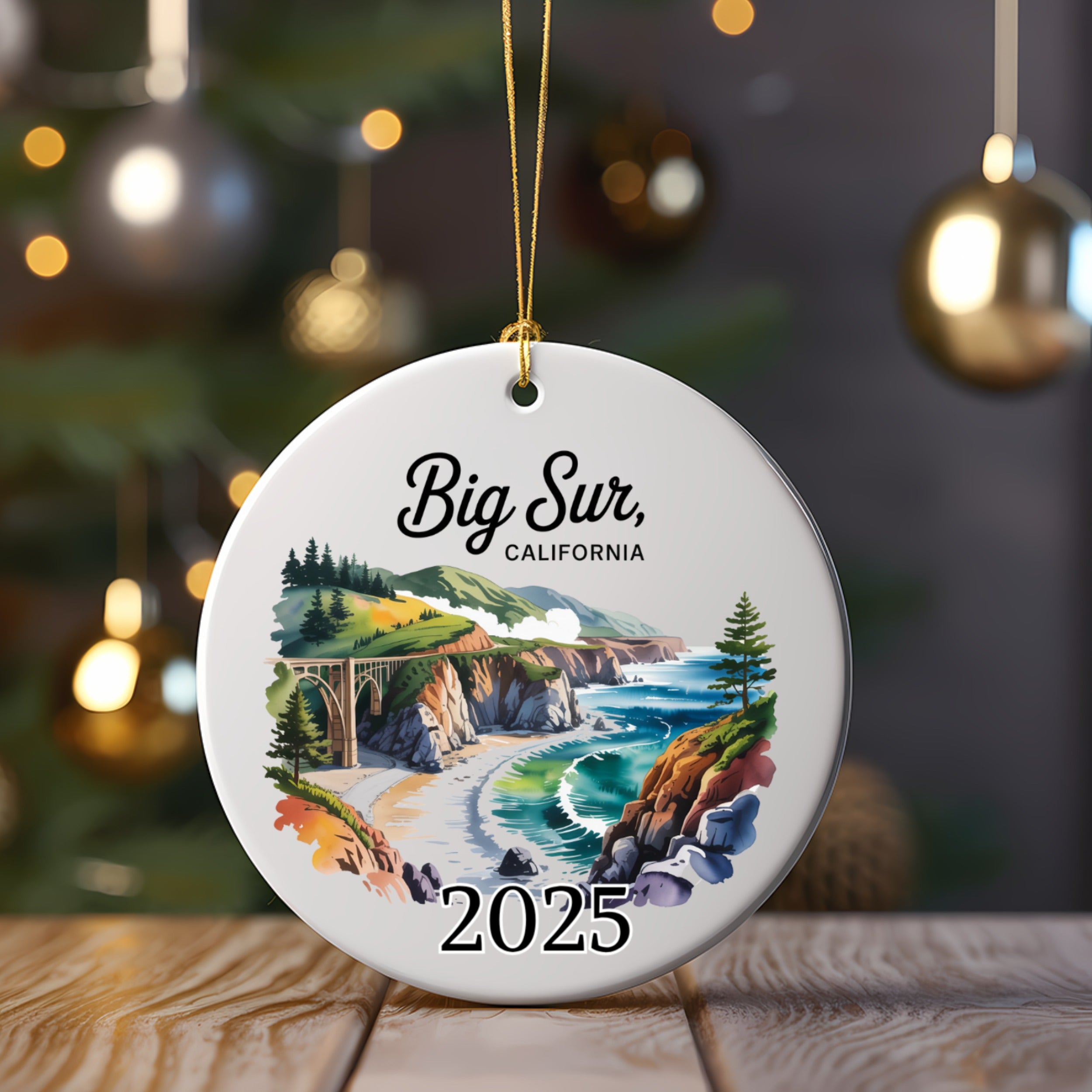Big Sur, California 2025 ceramic Christmas ornament featuring coastal scene.