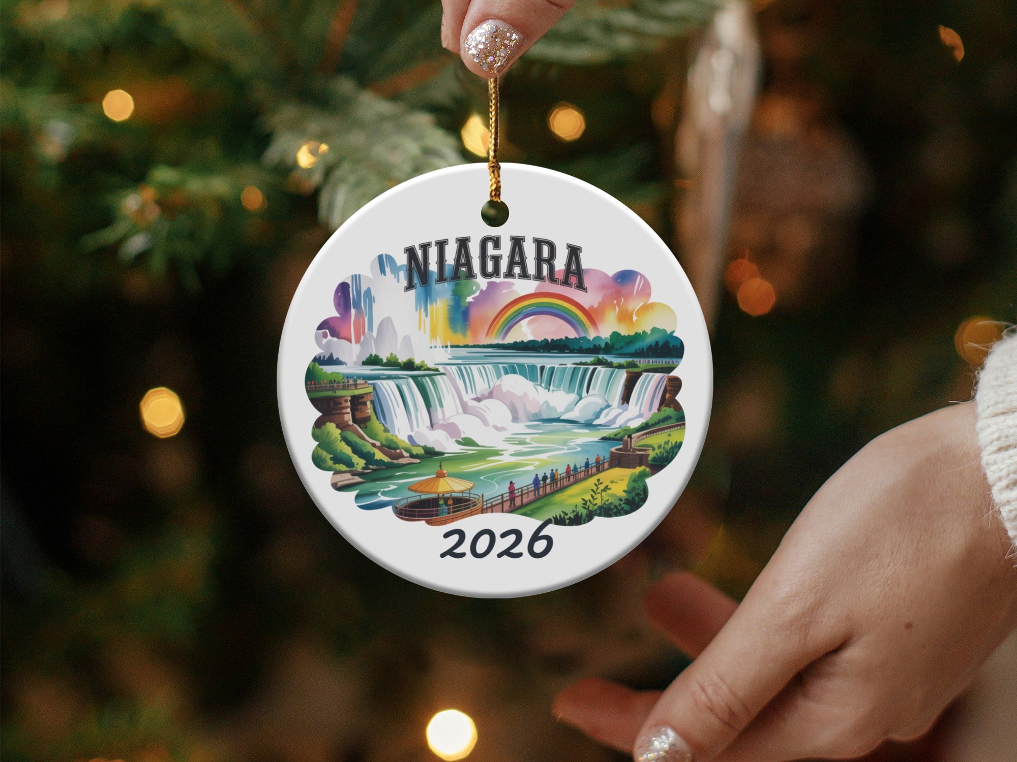 Niagara Falls ornament with rainbow, dated 2026.