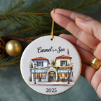 Carmel by the Sea ornament with storefronts and 2025 date.