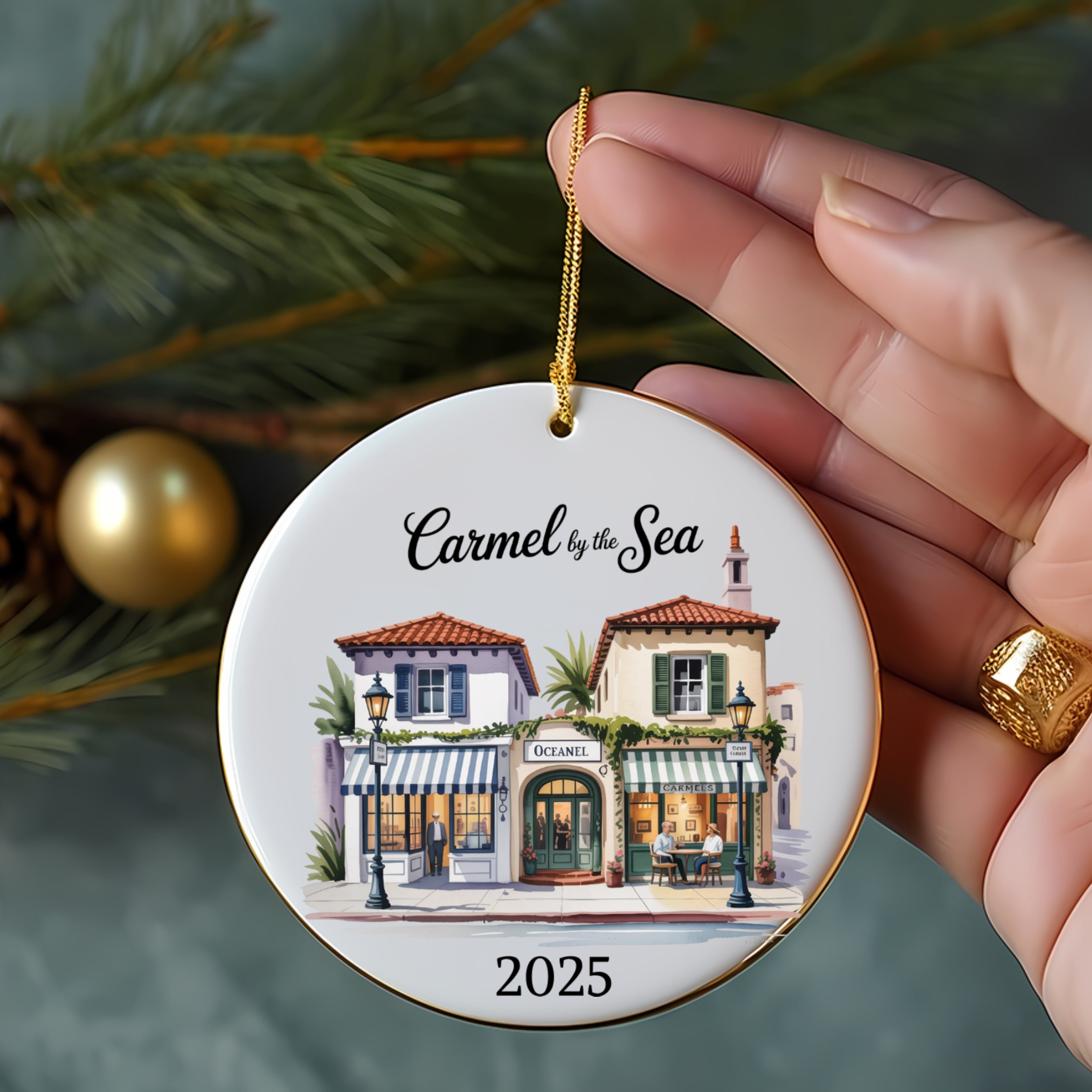 Carmel by the Sea ornament with storefronts and 2025 date.