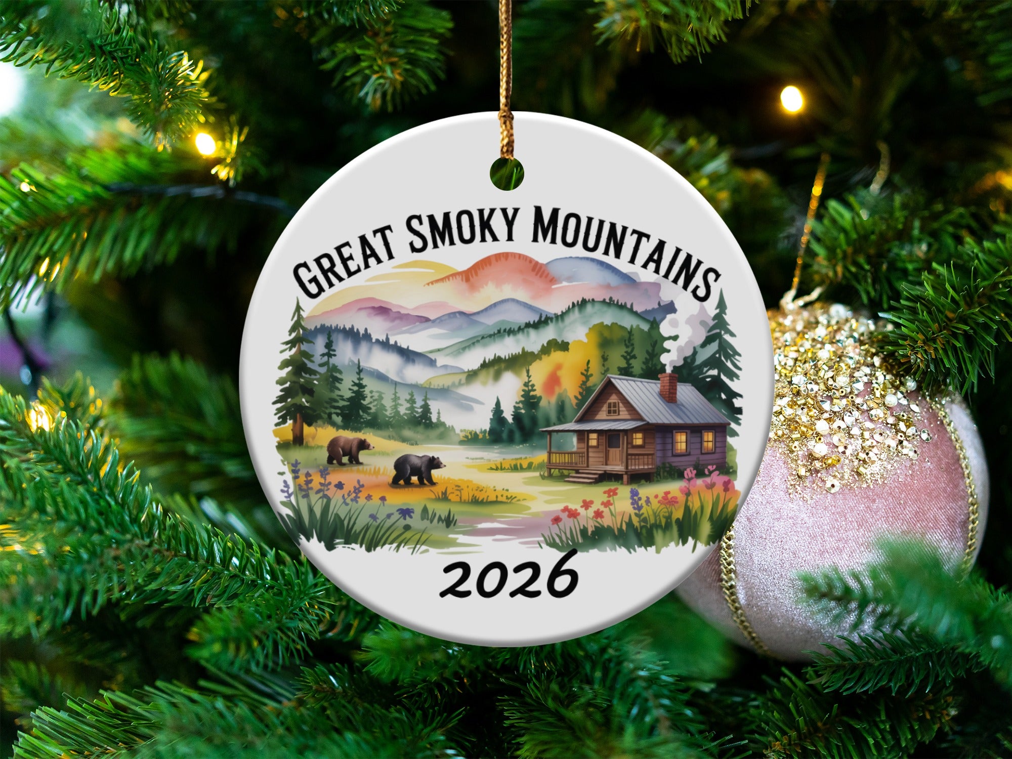 Great Smoky Mountains 2026 ceramic ornament with cabin and bears.