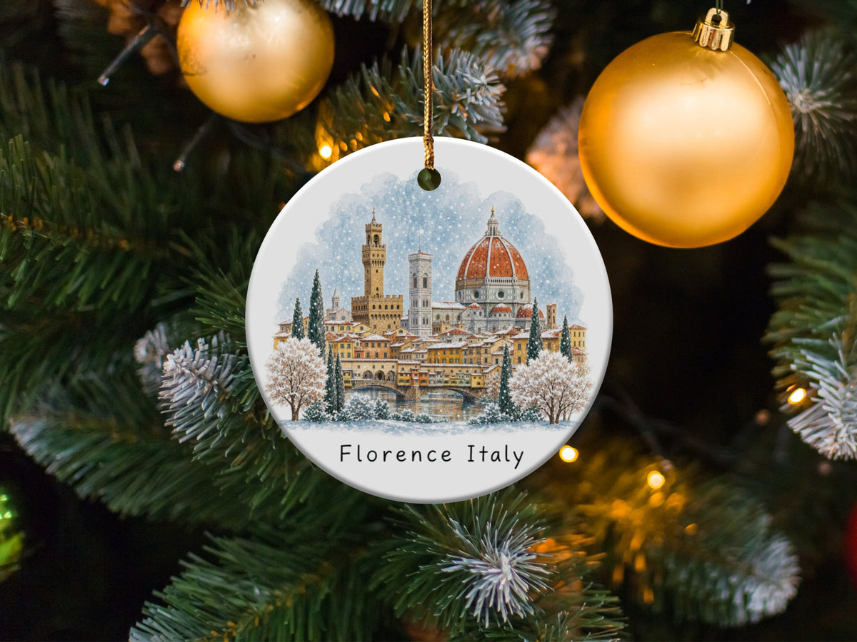 Ornament with watercolor art of Florence, Italy, in the snow.